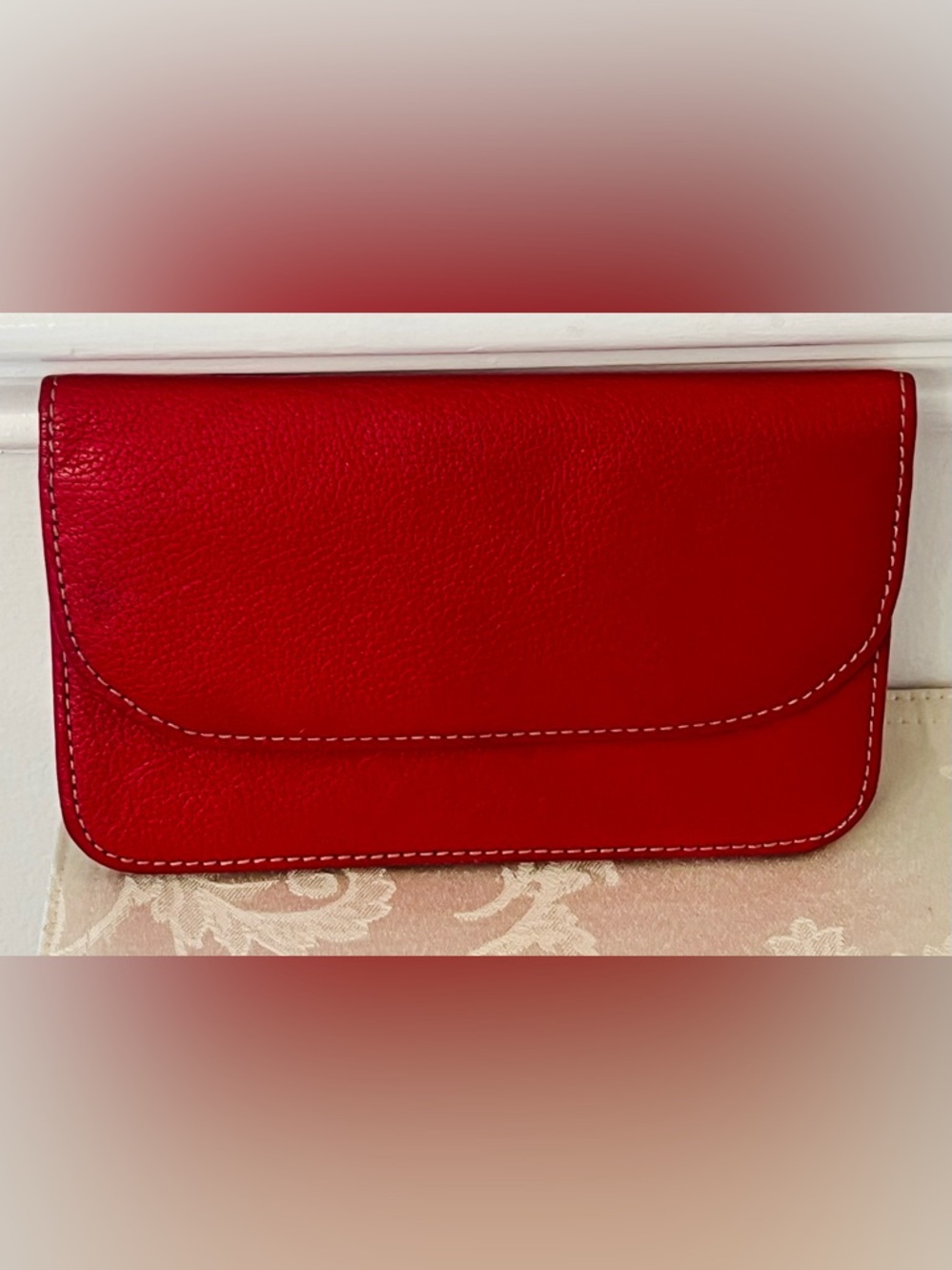 Red Genuine Leather Clutch Wallet Snap Closure Minimalist Pebbled-EUC